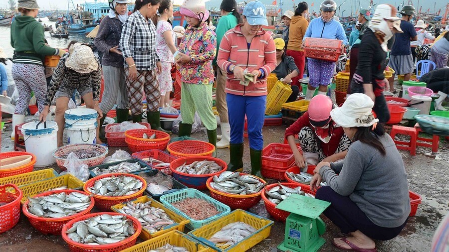 The lively scene at the seafood market.