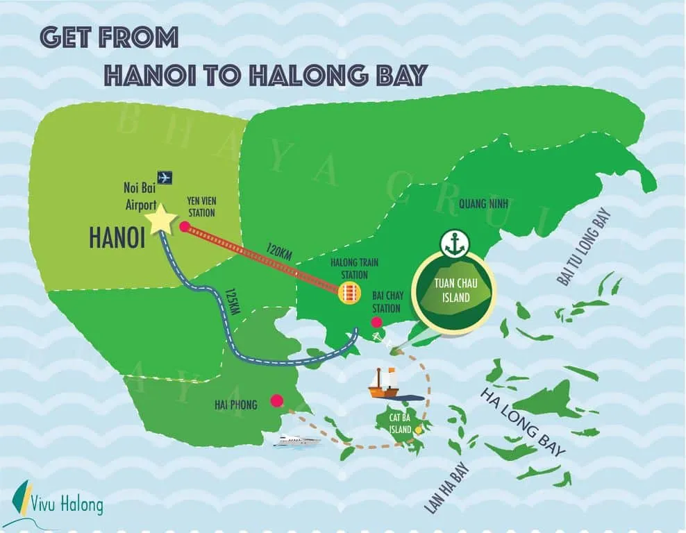 Map showing Halong Bay, Lan Ha Bay, Bai Tu Long Bay