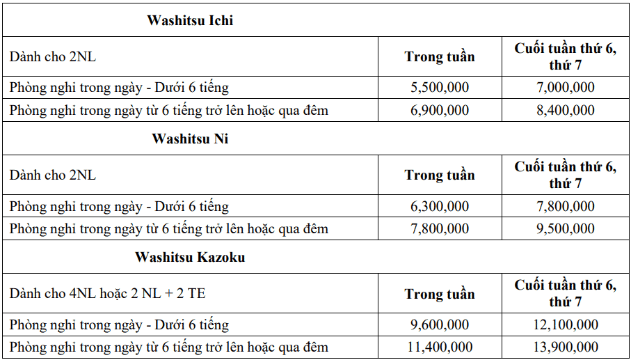 Bảng giá phòng Washitsu bao gồm gói tắm Public Onsen