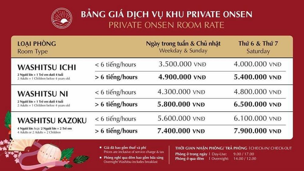 Bảng giá phòng nghỉ qua đêm Yoko Onsen Quang Hanh 