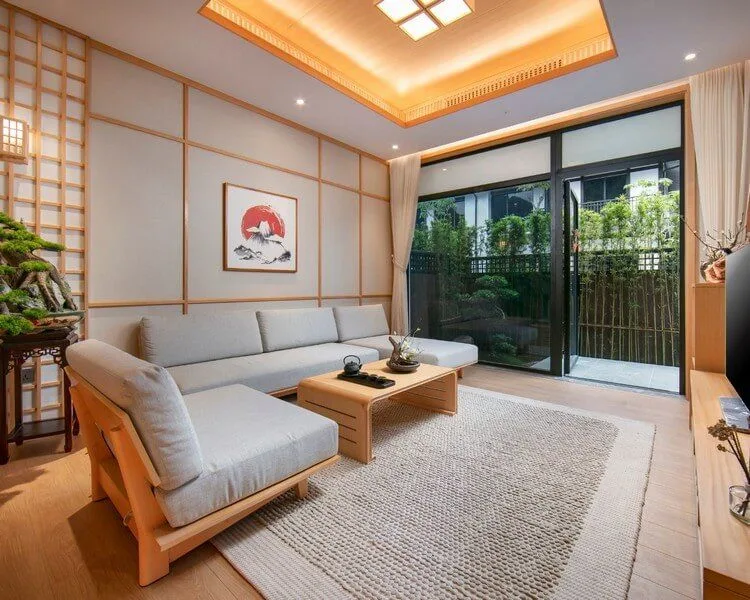 Phòng khách Villa Yama Onsen rộng rãi, thoáng đãng