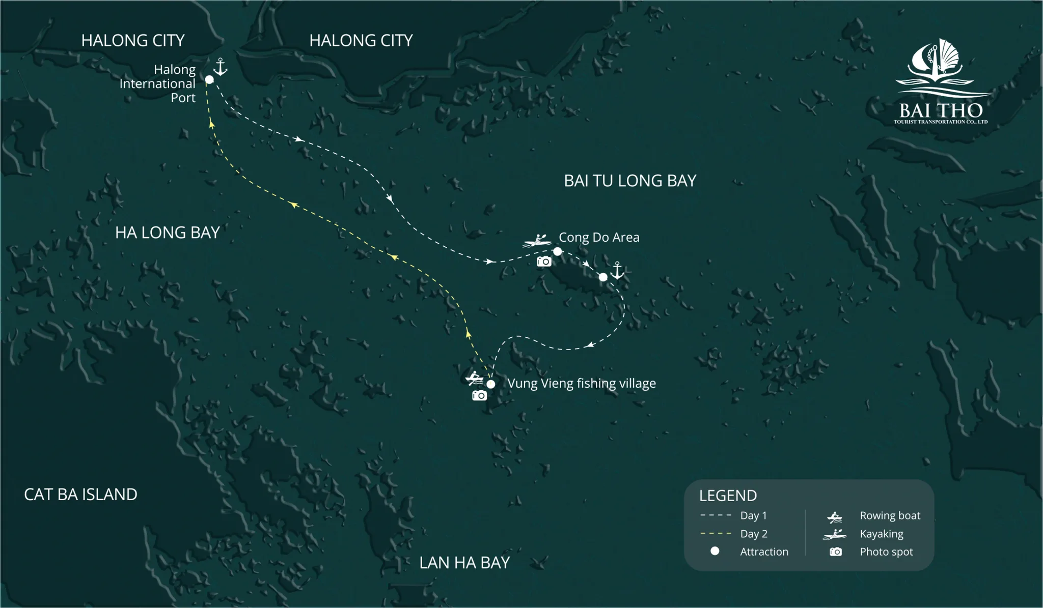 Map of Treasure Junk 2-day Bai Tu Long Bay route via Cong Do and Vung Vieng fishing village