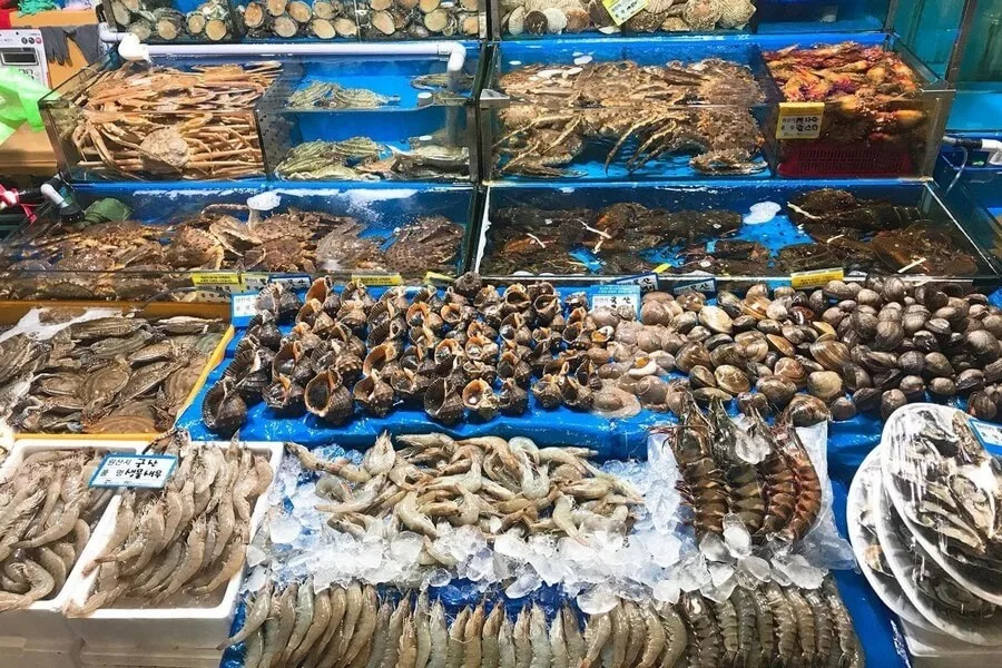 Various types of seafood are displayed for sale at Dao Market.