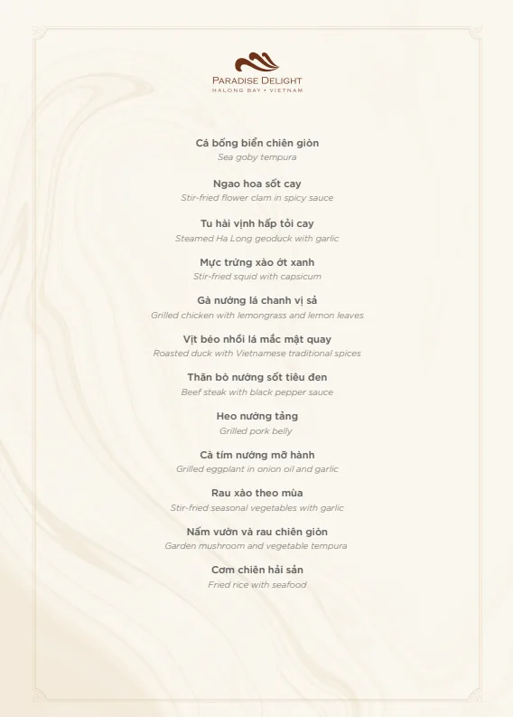Menu Du Thuyen Paradise Delight 2