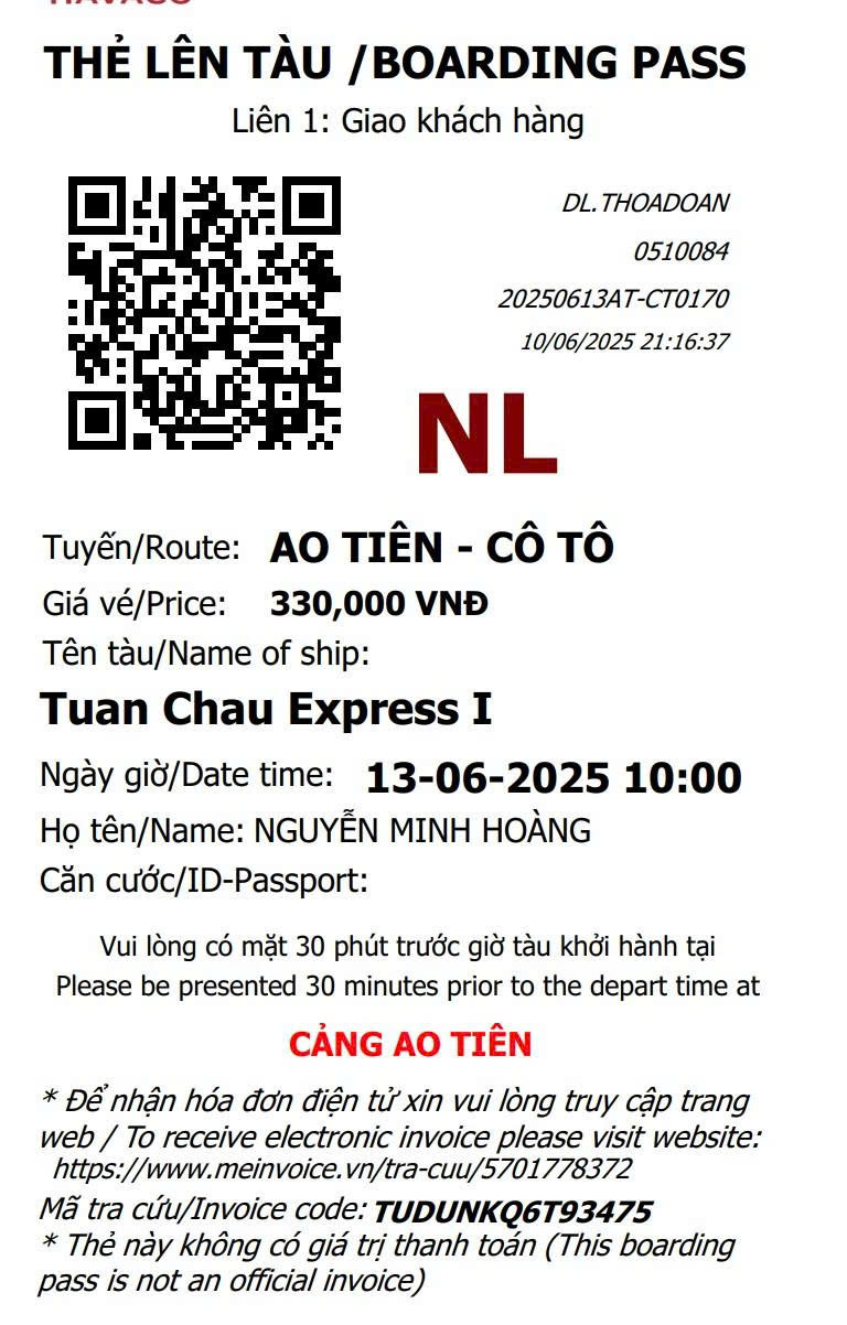 Mẫu xác nhận đặt vé cao tốc Ao Tiên đi Cô Tô