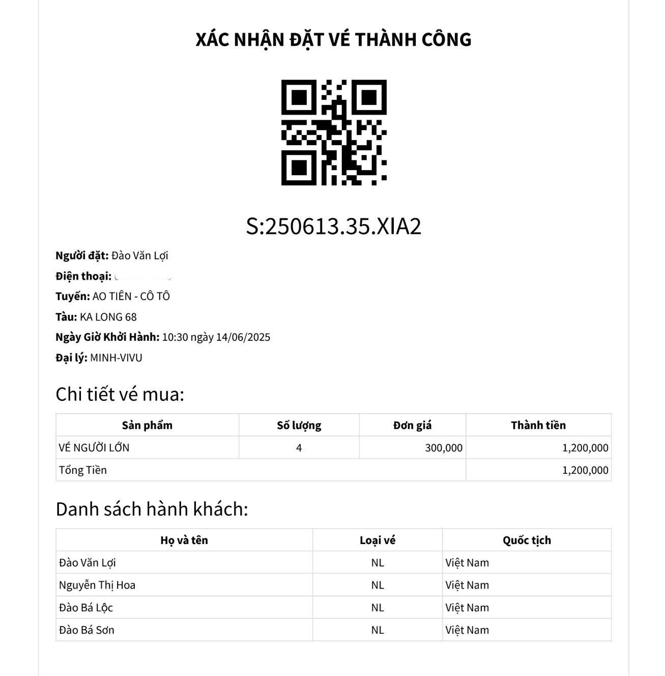 Mẫu xác nhận đặt vé cao tốc Ao Tiên đi Cô Tô