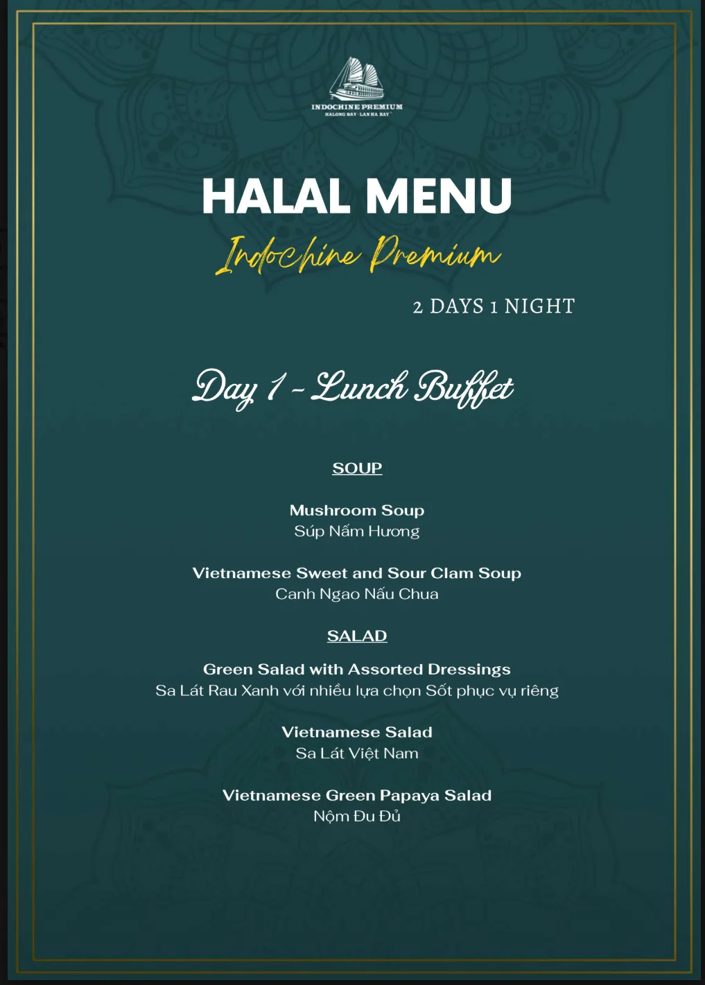 Thực đơn Halal mẫu của Indochine Premium